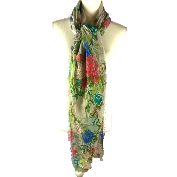 Scarf Women's Rectangle 72" X 23 Flowers Red Cream blue Green - Picture 6 of 6